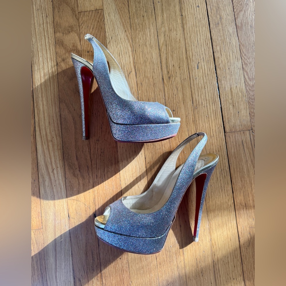 Christian Louboutin Lady Peep 150 Rainbow Glitter Peep Toe Sling Back Sz 40 - Picture 1 of 16